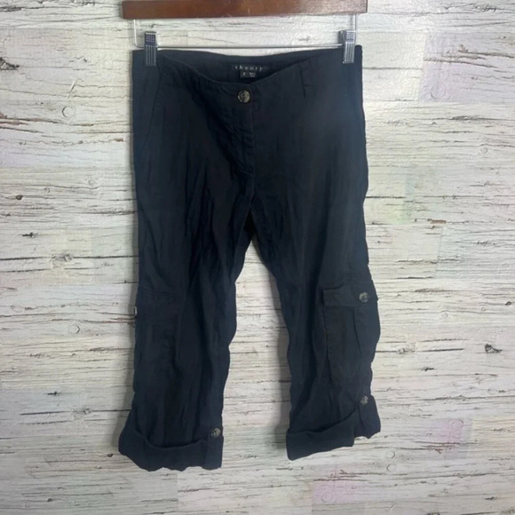 Theory Potter Cargo Pants black size 2 cropped linen - Picture 1 of 9
